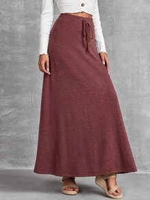 EMERY ROSE Women Solid Color Tie-Waist Long Casual Skirt Dusty Mauve - Redwood - View 3