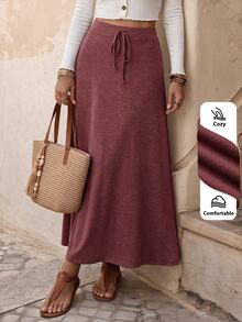 EMERY ROSE Women Solid Color Tie-Waist Long Casual Skirt Dusty Mauve - Redwood - View 7