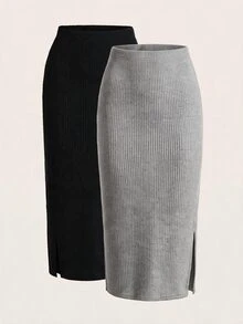SHEIN LUNE Women's Solid Color Fall Casual All-Match Versatile Going Out School Skirts 2pcs Set Teachers' Day Office Work Black Grey Skirt - Multicolor - View 3