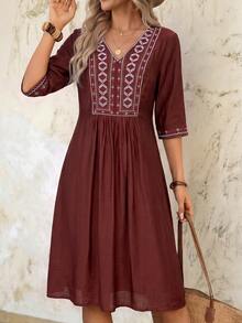 EMERY ROSE Women's Geometric Print V-Neck Dark Brown Embroidered Mid-Length Dress,Elegant Boho Summer Vacation Holiday French Style Knee Length Casual Outfits - Brown - View 1