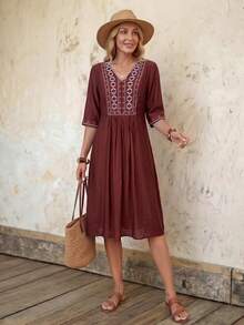 EMERY ROSE Women's Geometric Print V-Neck Dark Brown Embroidered Mid-Length Dress,Elegant Boho Summer Vacation Holiday French Style Knee Length Casual Outfits - Brown - View 6