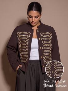 SHEIN BAE CURVE جاكيت نسائي مقاس كبير بصف واحد من الأزرار كاجوال متعدد الاستخدامات للسفر اليومي بأكمام طويلة للخريف - قهوة بني - مشاهدة 12