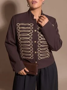 SHEIN BAE CURVE جاكيت نسائي مقاس كبير بصف واحد من الأزرار كاجوال متعدد الاستخدامات للسفر اليومي بأكمام طويلة للخريف - قهوة بني - مشاهدة 9
