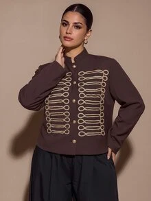 SHEIN BAE CURVE جاكيت نسائي مقاس كبير بصف واحد من الأزرار كاجوال متعدد الاستخدامات للسفر اليومي بأكمام طويلة للخريف - قهوة بني - مشاهدة 11