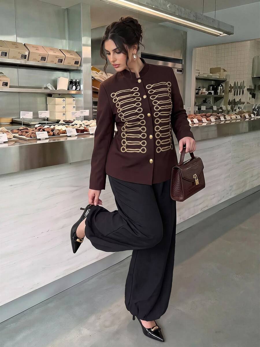 SHEIN BAE CURVE جاكيت نسائي مقاس كبير بصف واحد من الأزرار كاجوال متعدد الاستخدامات للسفر اليومي بأكمام طويلة للخريف