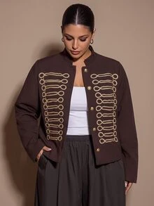 SHEIN BAE CURVE جاكيت نسائي مقاس كبير بصف واحد من الأزرار كاجوال متعدد الاستخدامات للسفر اليومي بأكمام طويلة للخريف - قهوة بني - مشاهدة 8