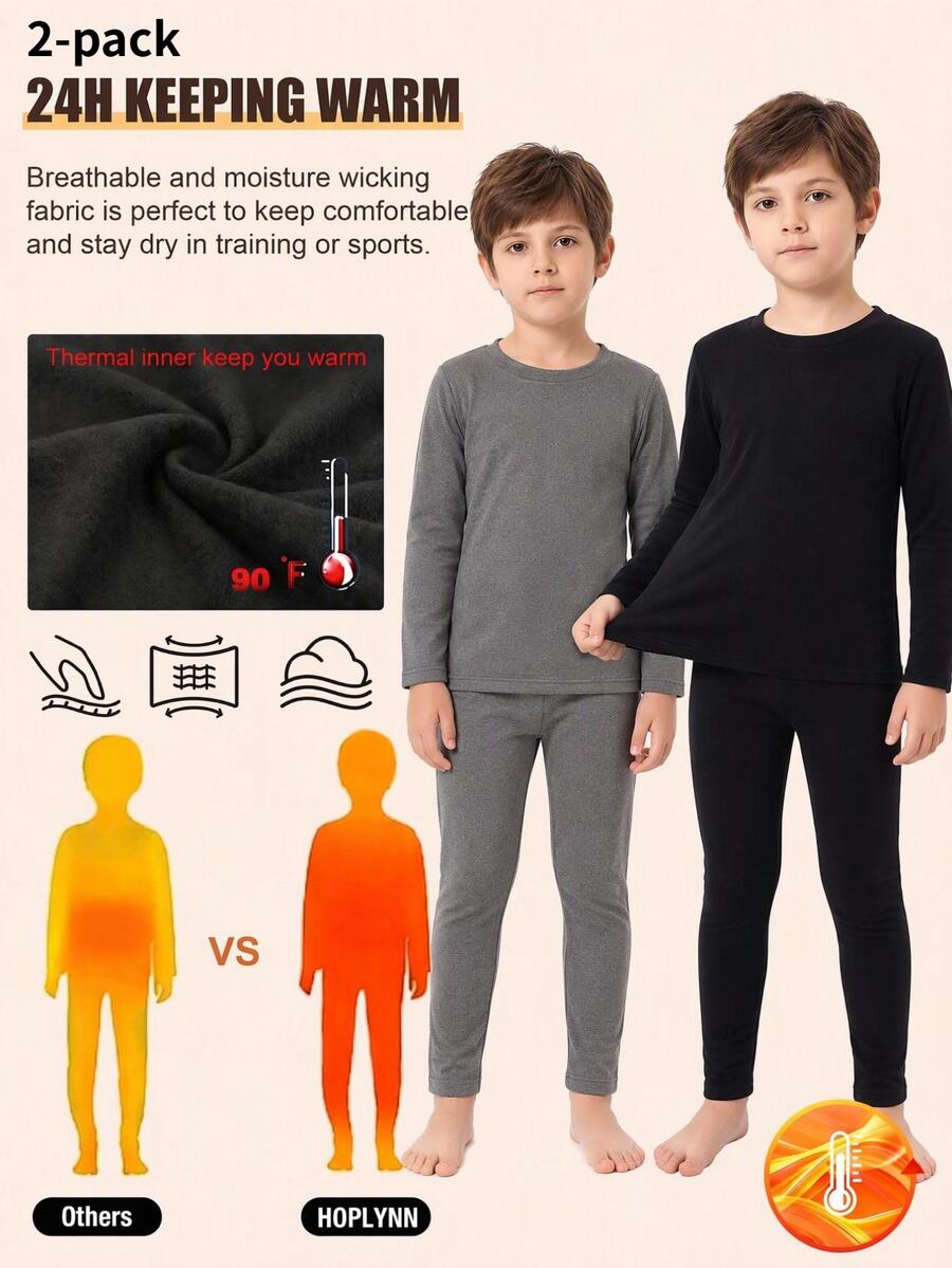 Boys' 2 Pieces Thermal Underwear Set, Thick Thermal Lined, Warm, Basic Minimalist Solid Black Crew Neck Top And Leggings, Slim Fit, Stretchy Soft Base Layer Set For Autumn/Winter - Black - View 1