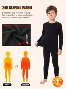 Boys' 2 Pieces Thermal Underwear Set, Thick Thermal Lined, Warm, Basic Minimalist Solid Black Crew Neck Top And Leggings, Slim Fit, Stretchy Soft Base Layer Set For Autumn/Winter - Black - View 4