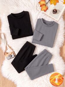 Boys' 2 Pieces Thermal Underwear Set, Thick Thermal Lined, Warm, Basic Minimalist Solid Black Crew Neck Top And Leggings, Slim Fit, Stretchy Soft Base Layer Set For Autumn/Winter - Black - View 5