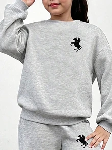 SHEIN Tween Girl Comfortable Casual Minimalist Cartoon Pattern Crew Neck Long Sleeve Pullover Sweatshirt And Tapered Sweatpants Set, Suitable For Outings, Grey And White - Grey - View 2