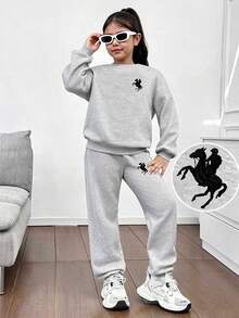 SHEIN Tween Girl Comfortable Casual Minimalist Cartoon Pattern Crew Neck Long Sleeve Pullover Sweatshirt And Tapered Sweatpants Set, Suitable For Outings, Grey And White - Grey - View 1