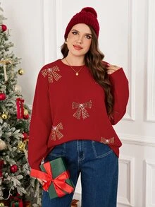 SHEIN LUNE كنزة صوفية طويلة الأكمام بنمط فيونكة كاجوال يومية للنساء مقاس كبير مناسبة للحفلات والكريسماس - الأحمر - مشاهدة 6