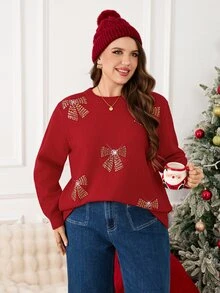 SHEIN LUNE كنزة صوفية طويلة الأكمام بنمط فيونكة كاجوال يومية للنساء مقاس كبير مناسبة للحفلات والكريسماس - الأحمر - مشاهدة 9