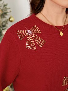 SHEIN LUNE كنزة صوفية طويلة الأكمام بنمط فيونكة كاجوال يومية للنساء مقاس كبير مناسبة للحفلات والكريسماس - الأحمر - مشاهدة 3