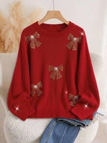 SHEIN LUNE كنزة صوفية طويلة الأكمام بنمط فيونكة كاجوال يومية للنساء مقاس كبير مناسبة للحفلات والكريسماس - الأحمر - مشاهدة 8