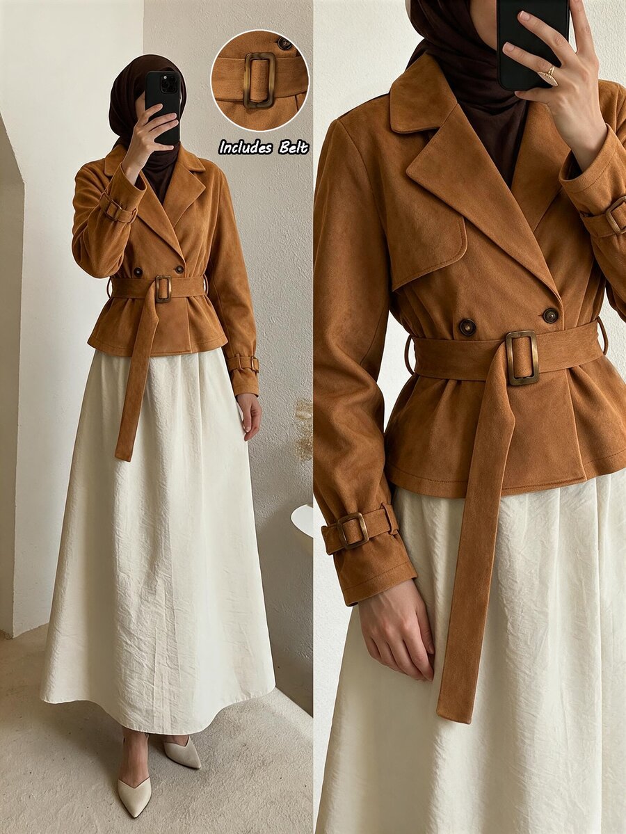 SHEIN Franclia Spring Caramel Color Lapel Short Jacket With Matching Waist Tie, Elegant Style, Suitable For Graduation, Christmas, Commuting, Vacation And Other Occasions. Women's Casual Jacket - Brown - View 1