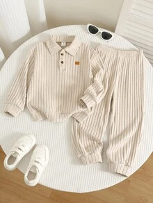 SHEIN 2pcs Kids Young Boy Autumn/Winter Casual Polo Sweatshirt And Pants Set, Sweatshirt Set, Boys Outfit, Autumn/Winter Set, School Uniform Set, Polo Set - Multicolor - View 4