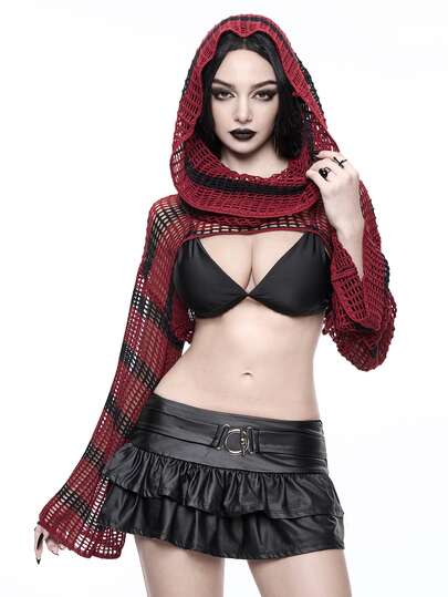Grunge Punk Y2K Hollow Knit Versatile Hooded Cropped Top