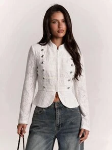 SHEIN BAE جاكيت نسائي بسحاب كاجوال متعدد الاستخدامات للسفر اليومي بأكمام طويلة - بيج - مشاهدة 1