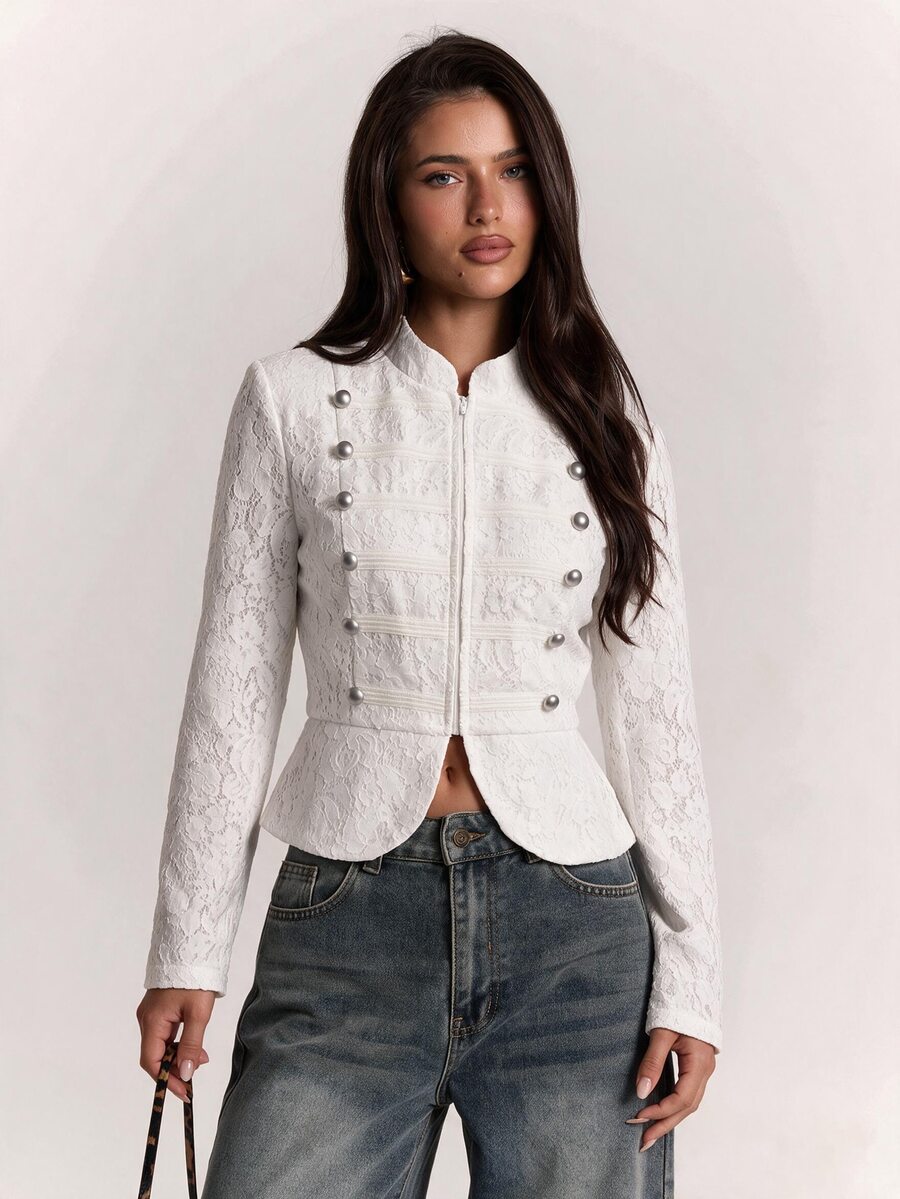 SHEIN BAE جاكيت نسائي بسحاب كاجوال متعدد الاستخدامات للسفر اليومي بأكمام طويلة - بيج - مشاهدة 1
