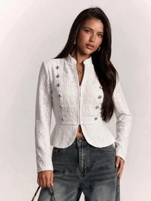 SHEIN BAE جاكيت نسائي بسحاب كاجوال متعدد الاستخدامات للسفر اليومي بأكمام طويلة - بيج - مشاهدة 5
