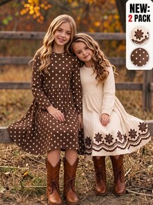 SHEIN Tween Girls 2-Pack Long Sleeve Fall Dresses Family Matching Cute Polka Dot Floral Border Print Ribbed A-Line Thanksgiving Photoshoot Party Beige - Multicolor - View 4