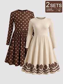 SHEIN Tween Girls 2-Pack Long Sleeve Fall Dresses Family Matching Cute Polka Dot Floral Border Print Ribbed A-Line Thanksgiving Photoshoot Party Beige - Multicolor - View 3