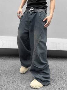 GALLERY FADE Men's Casual Streetwear Grunge Washed Loose Fit Wide Leg Jeans Date Night Going Out Dark Grey Summer(Belt And Accessories NotIncluded) - Medium Wash - View 6