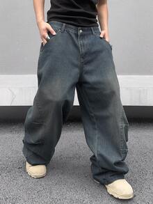 GALLERY FADE Men's Casual Streetwear Grunge Washed Loose Fit Wide Leg Jeans Date Night Going Out Dark Grey Summer(Belt And Accessories NotIncluded) - Medium Wash - View 7