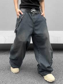 GALLERY FADE Men's Casual Streetwear Grunge Washed Loose Fit Wide Leg Jeans Date Night Going Out Dark Grey Summer(Belt And Accessories NotIncluded) - Medium Wash - View 3