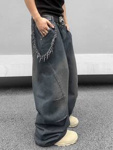 GALLERY FADE Men's Casual Streetwear Grunge Washed Loose Fit Wide Leg Jeans Date Night Going Out Dark Grey Summer(Belt And Accessories NotIncluded) - Medium Wash - View 4