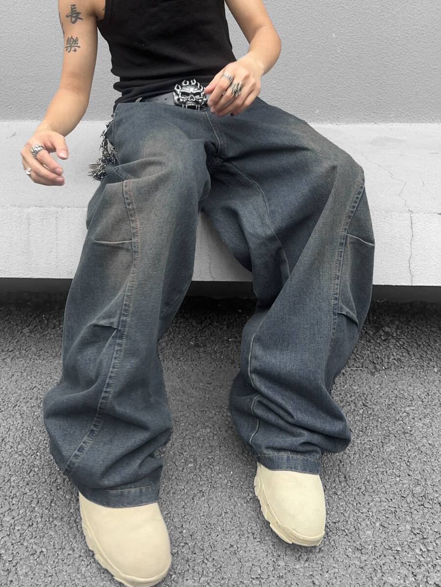 GALLERY FADE Men's Casual Streetwear Grunge Washed Loose Fit Wide Leg Jeans Date Night Going Out Dark Grey Summer(Belt And Accessories NotIncluded) - Medium Wash - View 1
