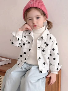 SHEIN Baby Girls Polka Dot Denim Jacket Long Sleeve Turn-Down Collar Coat Spring Autumn Fashion Outerwe - White - View 3