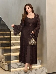 Modelyn Women's Front Button High Waist Lace Semi-Sheer Dress - Brown - View 1