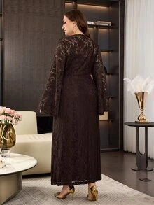 Modelyn Women's Front Button High Waist Lace Semi-Sheer Dress - Brown - View 2