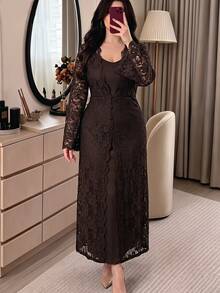 Modelyn Women's Front Button High Waist Lace Semi-Sheer Dress - Brown - View 7