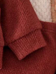 SHEIN 2pcs Newborn Baby Cardigan Pants Cute Sweet Burgundy White Knit Long Sleeve Round Neck Button Front Regular Fit Lace Matching Sets Sporty Cozy Infant - Red - View 5