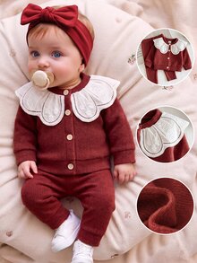 SHEIN 2pcs Newborn Baby Cardigan Pants Cute Sweet Burgundy White Knit Long Sleeve Round Neck Button Front Regular Fit Lace Matching Sets Sporty Cozy Infant - Red - View 1