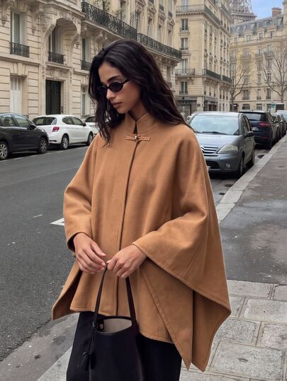 COSMINA Women's Overcoat High Neck Cape Style Chinese Frog Button Chinese Style Camel Color Loose Fit Autumn Winter Women's Outfit Outdoor Wear