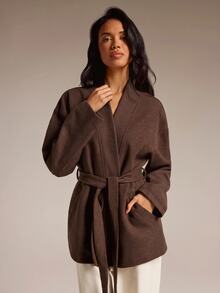 COSMINA Women's Solid Color Long Sleeve Knotted Waist Casual Elegant Overcoat Office Brown Fall - Olive Green - View 2