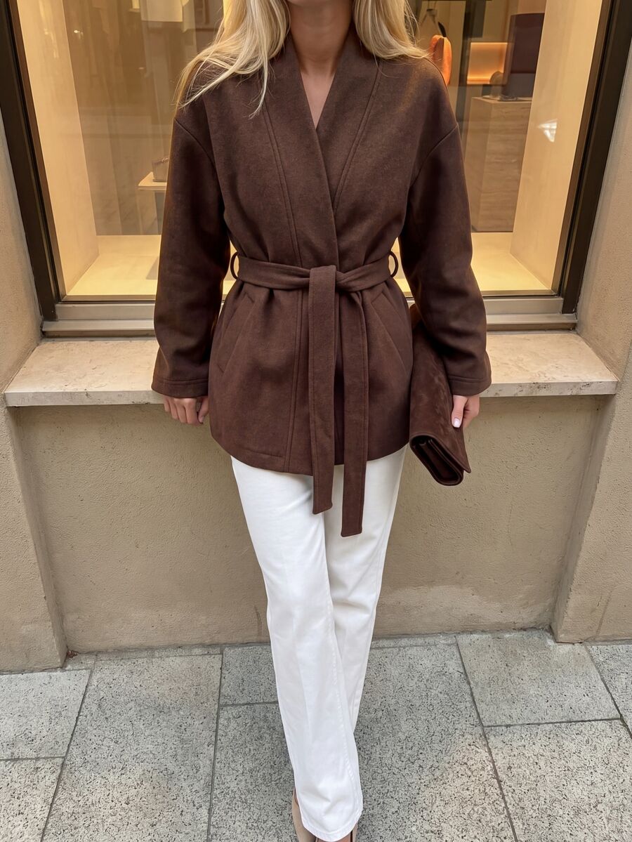COSMINA Women's Solid Color Long Sleeve Knotted Waist Casual Elegant Overcoat Office Brown Fall - Olive Green - View 1