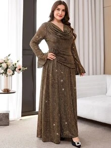Reflora Plus Size Women's Cowl Neck Pleated Casual Elegant Party Formal Cocktail Dress Fall New Year - Gold - View 9