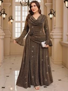 Reflora Plus Size Women's Cowl Neck Pleated Casual Elegant Party Formal Cocktail Dress Fall New Year - Gold - View 12