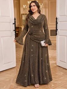 Reflora Plus Size Women's Cowl Neck Pleated Casual Elegant Party Formal Cocktail Dress Fall New Year - Gold - View 2