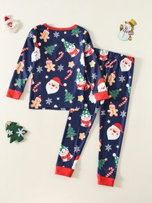 SHEIN 2pcs Kids Young Boy Autumn/Winter Christmas Pattern Blue Loungewear And Long Pants Set, Slim Fit, Pajama Set, Christmas Outfit For Boys - Multicolor - View 3