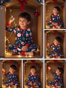 SHEIN 2pcs Kids Young Boy Autumn/Winter Christmas Pattern Blue Loungewear And Long Pants Set, Slim Fit, Pajama Set, Christmas Outfit For Boys - Multicolor - View 4