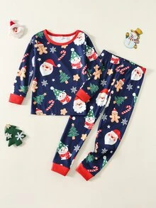 SHEIN 2pcs Kids Young Boy Autumn/Winter Christmas Pattern Blue Loungewear And Long Pants Set, Slim Fit, Pajama Set, Christmas Outfit For Boys - Multicolor - View 2
