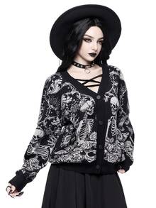ROMWE Goth Höst/vinter Halloween Day Of The Dead mörk gotisk jacquard-cardigan med dödskalle och växtmotiv, lös modell med öppen front - Svart - Visa 5