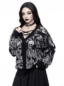 ROMWE Goth Höst/vinter Halloween Day Of The Dead mörk gotisk jacquard-cardigan med dödskalle och växtmotiv, lös modell med öppen front - Svart - Visa 4