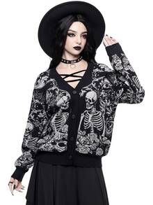 ROMWE Goth Höst/vinter Halloween Day Of The Dead mörk gotisk jacquard-cardigan med dödskalle och växtmotiv, lös modell med öppen front - Svart - Visa 7